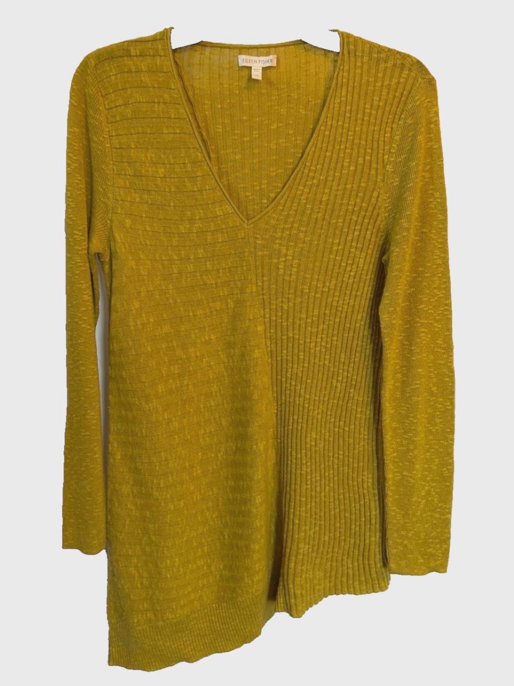 Eileen Fisher Linen Cotton Asymmetrical Tunic Sweater XS Chartreuse V Neck